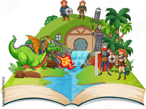 Medieval magic land scene on open book
