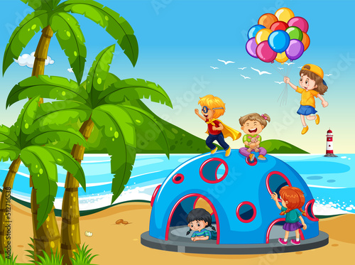 Beach playground with happy children