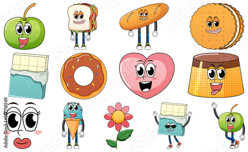 Set of facial expression with vintage style food cartoon on white background