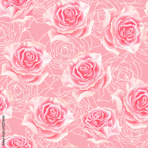 Seamless pattern rose. Watercolor illustration and line art. Isolated on a pink background.