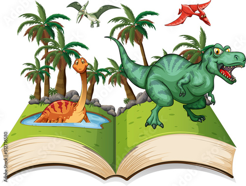 Storybook with dinosaurs in jungle