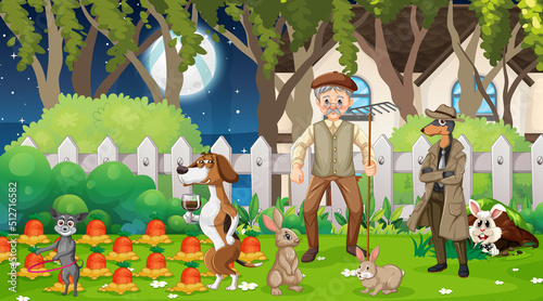 Outdoor park scene with many dogs