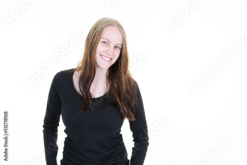 pretty young happy woman smiling on copy space over white background