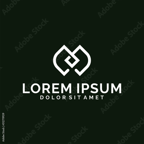 Initial letter M logo template with modern geometric leaf line art illustration in flat design monogram symbol