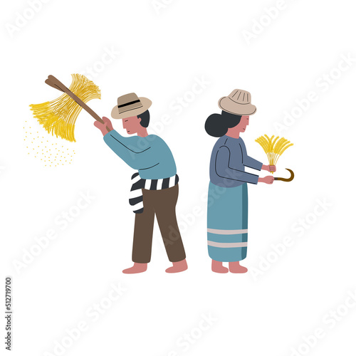 Farmer harvest the rice cartoon design on white background. Thailand traditional. Vector illustration in flat cartoon design.