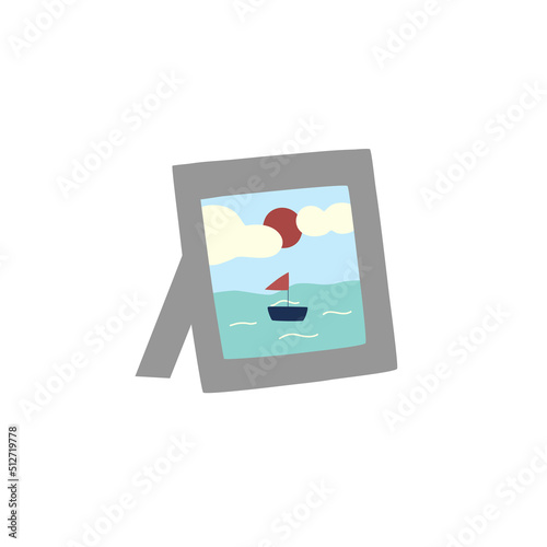 Picture frame cartoon on white background, vector illustration in flat cartoon design, sea, boat, landscape.