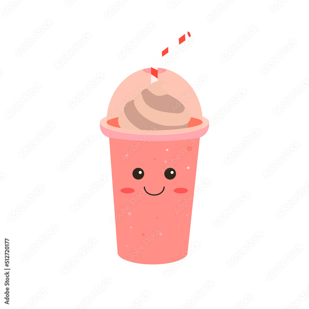 Milkshake in plastic cup with chocolate cream and with kawaii eyes. Sweet design illustration Milkshake in plastic cup with chocolate cream and with kawaii eyes. Sweet design illustration