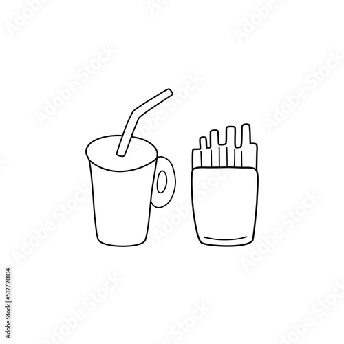 Beverage with french fry drawing line on white background, vector illustration in flat cartoon design.
