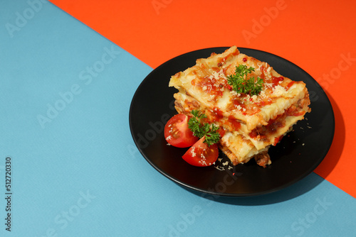 Concept of delicious food - Lasagna, space for text
