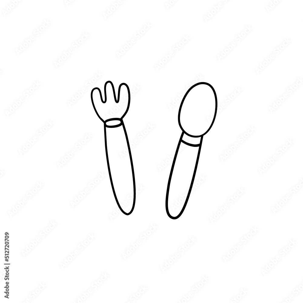 Fototapeta premium fork and spoon drawing line icon on white background, vector illustration in flat cartoon design.