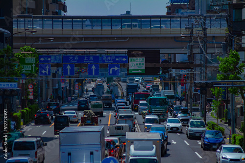 A traffic jam at the urban street in Tokyo long shot