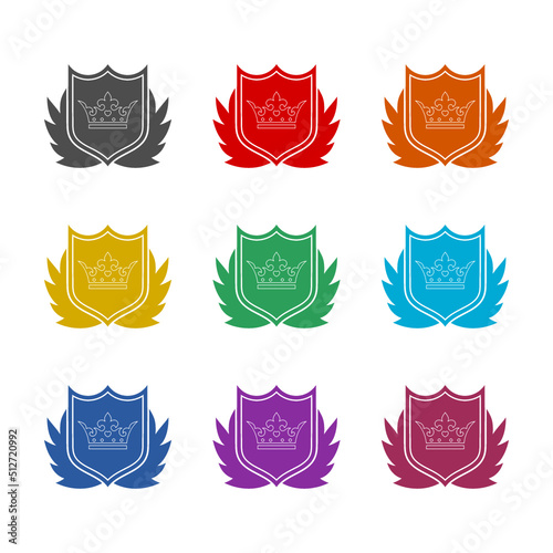 Shield wing crown emblem badge icon isolated on white background. Set icons colorful