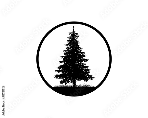 Old Pine Tree Silhouette on the Park Residential landscape Hand Drawing Symbol Vintage Seal Vector Stamp Circle	

