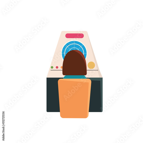 Cute girl work with radar monitor screen, air traffic controller, vector illustration in flat cartoon design, ATC.