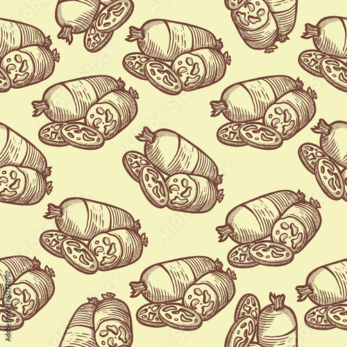 Hand drawn seamless pattern vintage sausage line art vector illustration