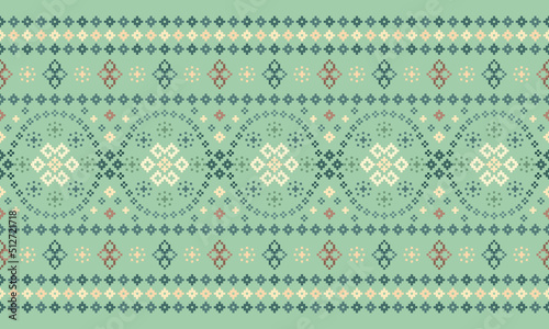 Cross Stitch. Geometric ethnic patterns. Design for Saree, Patola, Sari, Dupatta, Vyshyvanka, rushnyk, dupatta, Clothing, fabric, batik, Knitwear, Embroidery, Ikkat, Pixel pattern. Traditional Design.