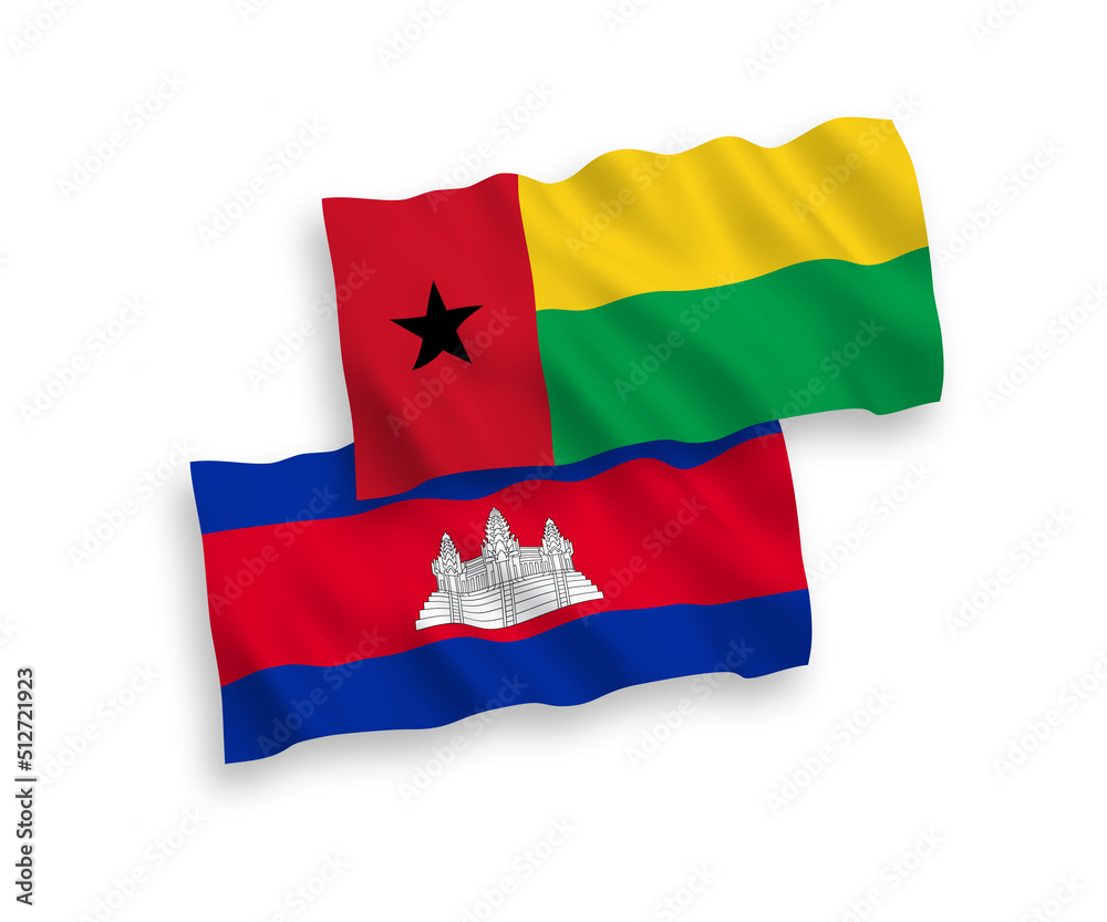 Fototapeta premium National vector fabric wave flags of Kingdom of Cambodia and Republic of Guinea Bissau isolated on white background. 1 to 2 proportion.
