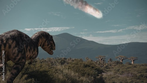 Majungasaurus watches as a meteor approaches prehistoric earth