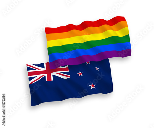 National vector fabric wave flags of New Zealand and Rainbow gay pride isolated on white background. 1 to 2 proportion.