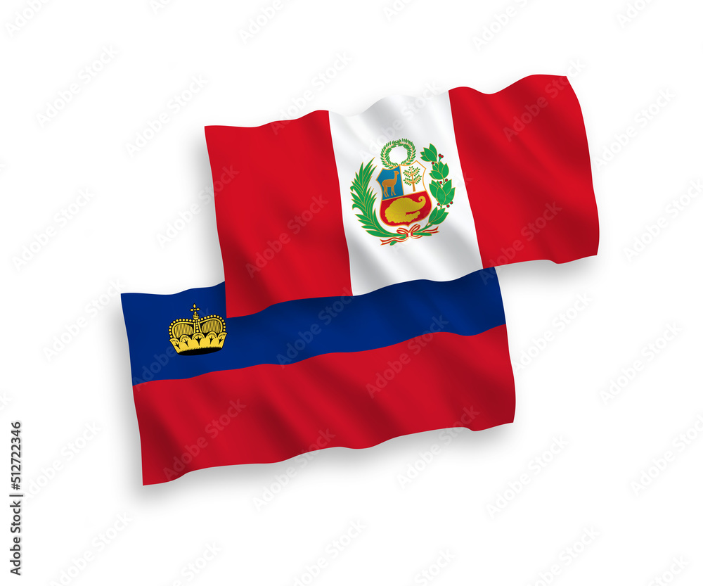 Fototapeta premium National vector fabric wave flags of Liechtenstein and Peru isolated on white background. 1 to 2 proportion.