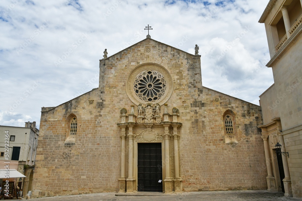 The facade of the cathedral in the historic center of Otranto, a medieval town in Puglia, Italy.
