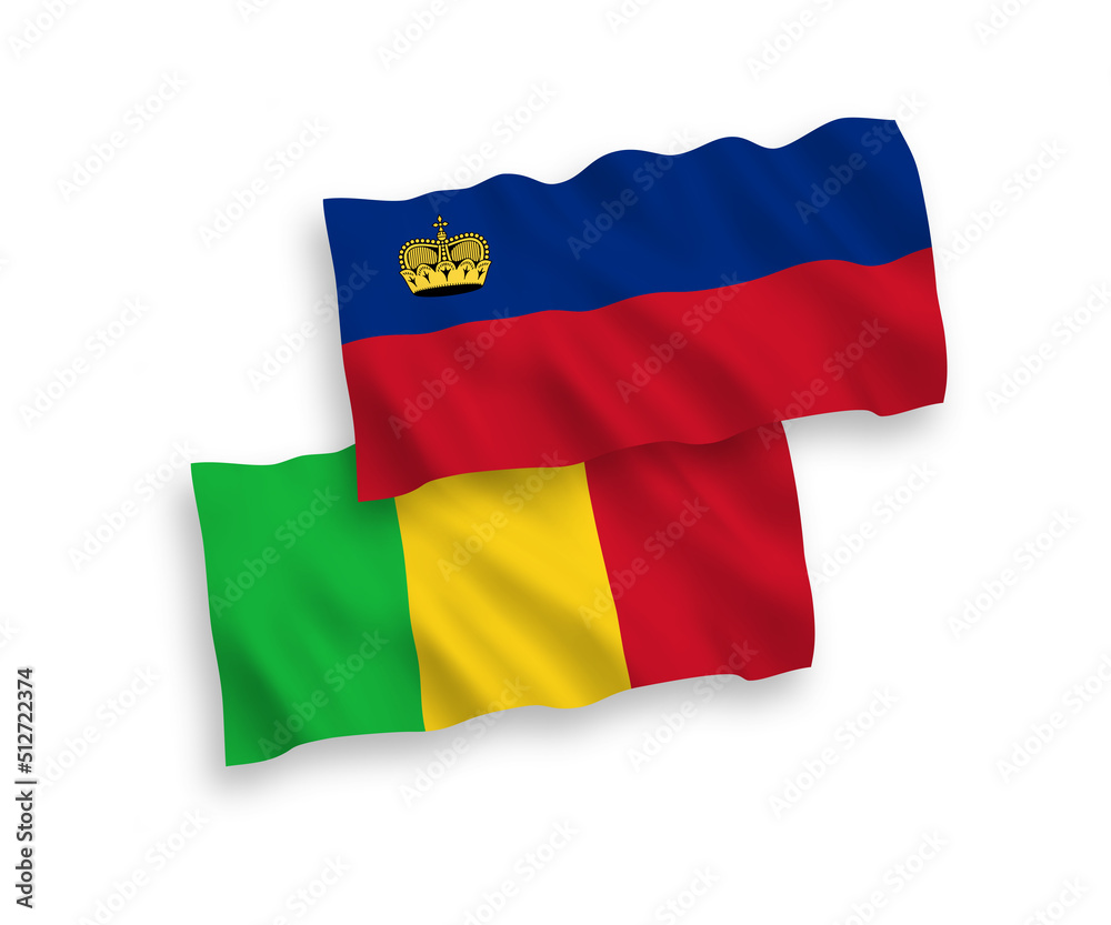 National vector fabric wave flags of Liechtenstein and Mali isolated on white background. 1 to 2 proportion. National vector fabric wave flags of Liechtenstein and Mali isolated on white background. 1 to 2 proportion.