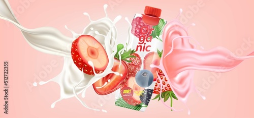 Mix berries yogurt Splashing of Tropical fruits on solid color background. Vector in 3D illustrations. Packaging mock up.