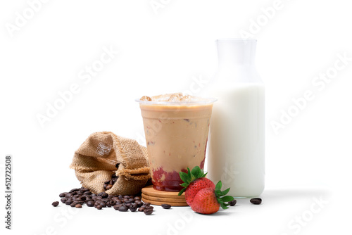 ice coffee latte strawberry with coffee beans, strawberry and milk bittle isolated on white background. coffee shop cafe menu concept. photo