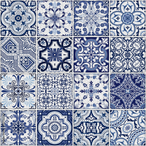 Vintage blue tiled wall and floor stone pattern with unique mixed design pattern.
