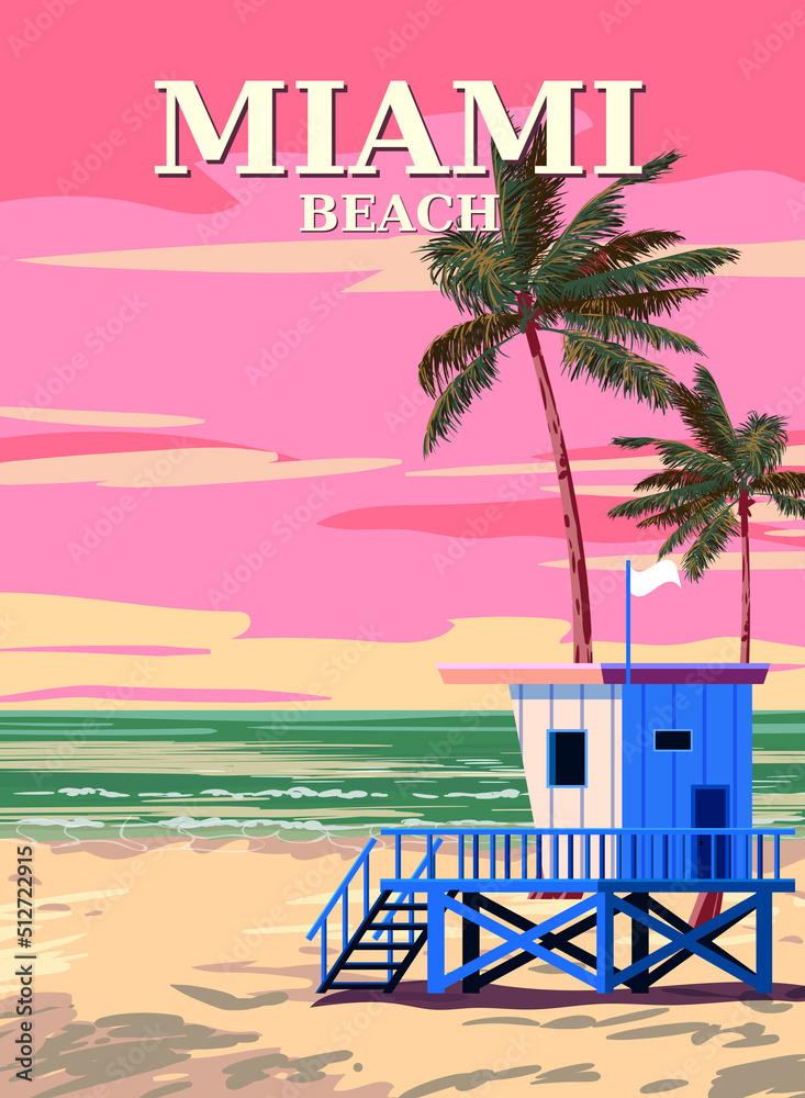 Obraz premium Miami Beach Retro Poster . Lifeguard house on the beach, palm, coast, surf, ocean. Vector illustration vintage