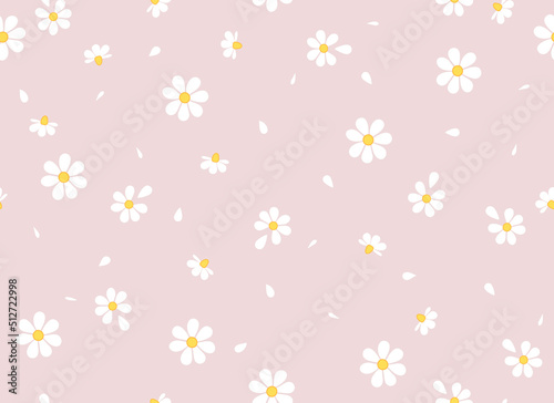 Daisies and petals on a pink background seamless pattern. Chamomile flowers. Vector background.  photo