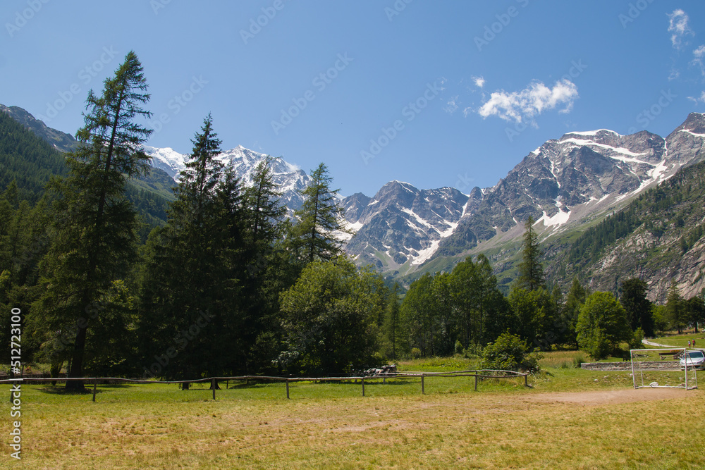 Beautiful landscape of Macugnaga in Valle Anzasca at the foot of Monte Rosa in the summer season, Piedmont, Italy