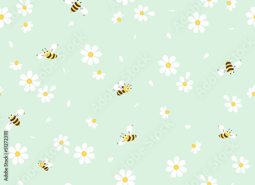 Daisy and bee seamless pattern. Flowers and cartoon bees, hearts on a pink background. Vector. 