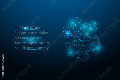 Teamwork concept with four glowing low poly jigsaw puzzle design vector illustration.