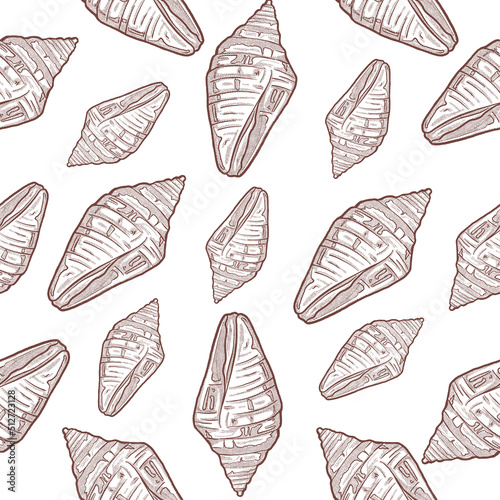 Seamless pattern vintage hand drawn clam shell conch line art