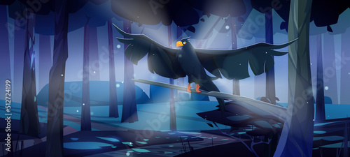 Black raven flying in coniferous forest at night. Vector cartoon illustration of woods landscape with wild crow with spread wings, pines, grass and moon light beam