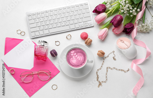 Cup of pink matcha tea, com...