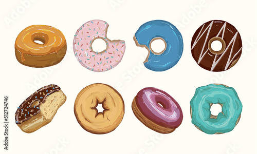 Hand drawn Donuts watercolor illustration set