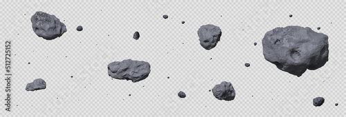 Stone asteroid belt realistic vector illustration. Meteor, space boulder or rock with craters flying in weightlessness isolated icon set on transparent background, various form photo