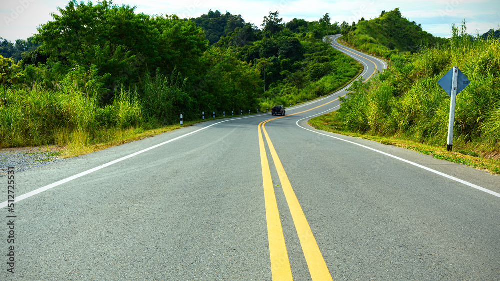 The  curve road trough the green forest in the morning view scene of the nature landscape with road background