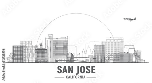 San Jose California line vector illustration. Skyline city with main building. Tourism and business picture.