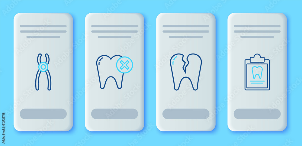 Set line Tooth with caries, Broken tooth, Dental pliers and Clipboard dental card icon. Vector