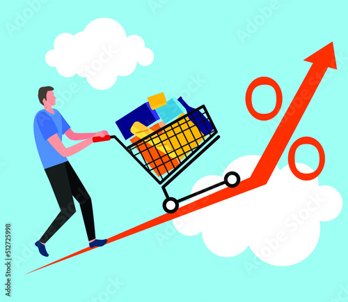 Businessman run shopping cart on percentage symbol, flat vector illustration