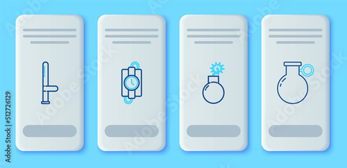 Set line dynamite stick and timer clock, Bomb ready to explode, Police rubber baton and Hand grenade icon. Vector