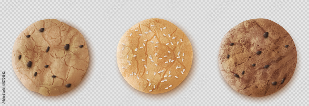 Chocolate drop cookies realistic vector top view. Crumble oatmeal biscuit with cinnamon, cocoa or sesame sprinkles isolated on white bsckground. Cracked homemade cakes Chocolate drop cookies realistic vector top view. Crumble oatmeal biscuit with cinnamon, cocoa or sesame sprinkles isolated on white bsckground. Cracked homemade cakes