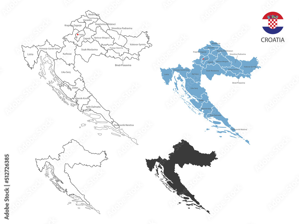 4 style of Croatia map vector illustration have all province and mark the capital city of Croatia. By thin black outline simplicity style and dark shadow style. Isolated on white background.