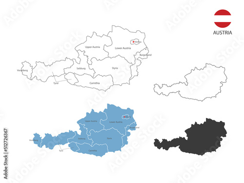 4 style of Austria map vector illustration have all province and mark the capital city of Austria. By thin black outline simplicity style and dark shadow style. Isolated on white background.