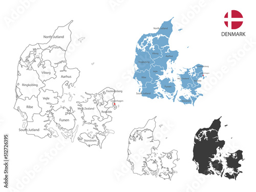 4 style of Denmark map vector illustration have all province and mark the capital city of Denmark. By thin black outline simplicity style and dark shadow style. Isolated on white background. photo