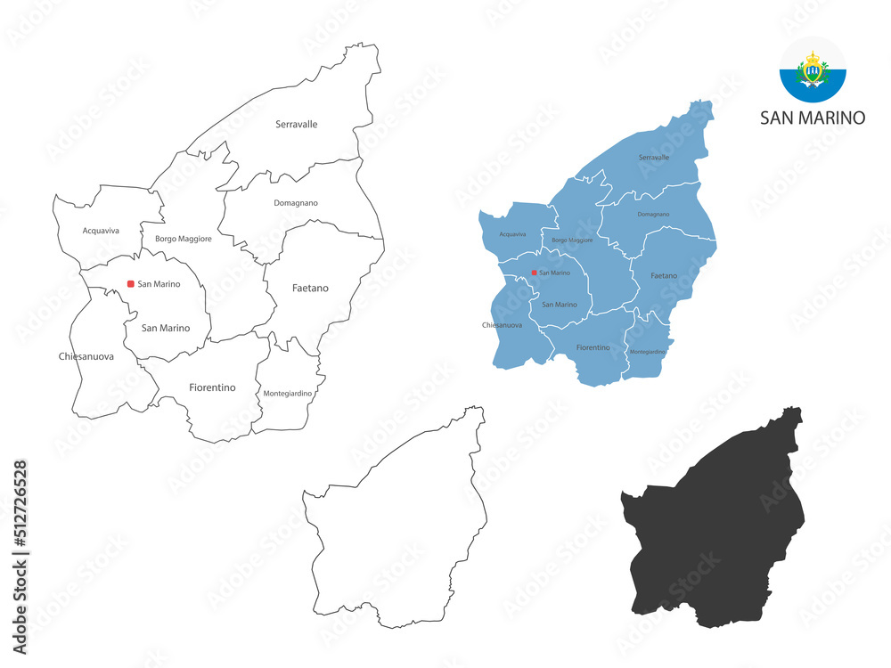 Obraz premium 4 style of San Marino map vector illustration have all province and mark the capital city of San Marino. By thin black outline simplicity style and dark shadow style. Isolated on white background.