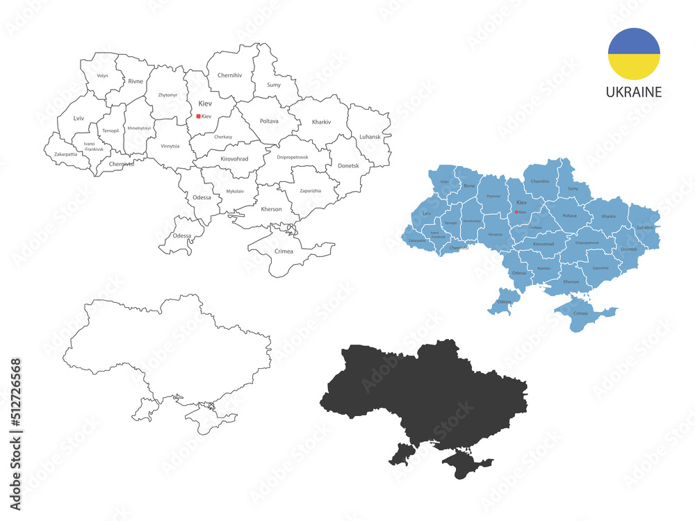 Obraz premium 4 style of Ukraine map vector illustration have all province and mark the capital city of Ukraine. By thin black outline simplicity style and dark shadow style. Isolated on white background.